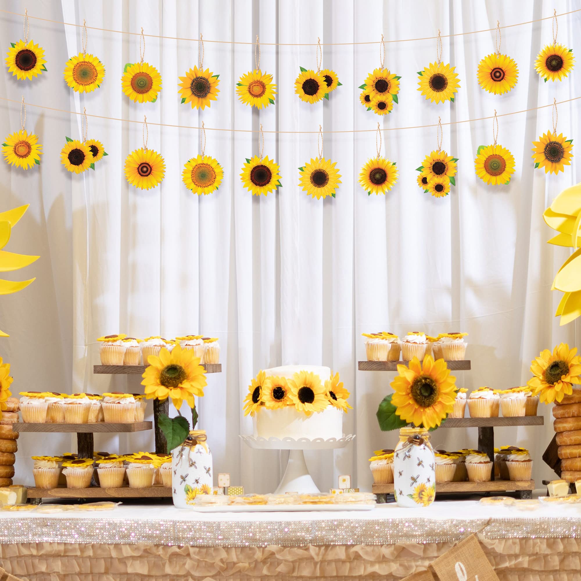 WATINC 31pcs Spring Summer Sunflower Wooden Hanging Ornament Set, Sunflowers Wood Hang Pendant Decoration, Rustic Flower Craft Gift Tag Decor with Rope for Home Garden Holiday Beach Party (10 Styles)