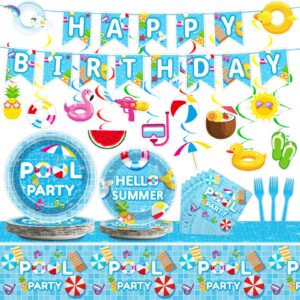 Pool Birthday Party Decorations Tableware Set Beach Table Decorations Supplies Pool Happy Birthday Banner Beach Theme Swirls Plates Napkins Forks Tablecloth for Hawaiian Summer Birthday Party Favors