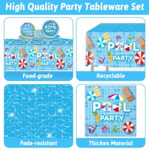 Pool Birthday Party Decorations Tableware Set Beach Table Decorations Supplies Pool Happy Birthday Banner Beach Theme Swirls Plates Napkins Forks Tablecloth for Hawaiian Summer Birthday Party Favors