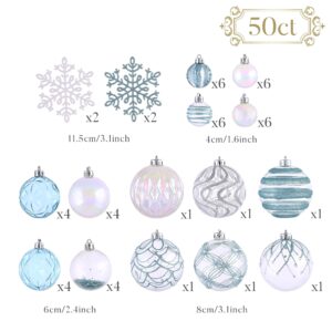 Valery Madelyn Christmas Ball Ornaments, 50ct Light Blue and Silver Shatterproof Christmas Tree Decorations Set, Coastal Ocean Hanging Ornaments for Xmas Trees Bulk Holiday Decor