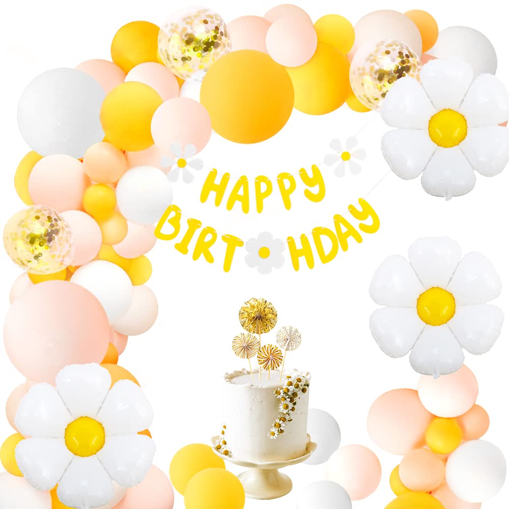 Daisy Party Decorations, Luau Party Supplies with Happy Birthday Flower Banner White and Yellow Daisy Balloons Garland Arch Kit for Girls Birthday Beach Theme Baby Shower Bridal Shower (Daisy)