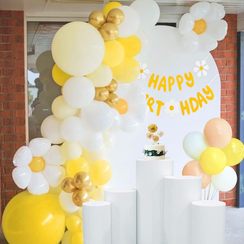 Daisy Party Decorations, Luau Party Supplies with Happy Birthday Flower Banner White and Yellow Daisy Balloons Garland Arch Kit for Girls Birthday Beach Theme Baby Shower Bridal Shower (Daisy)