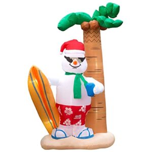 Holidayana 8 ft Christmas Inflatable Surfing Snowman Yard Decoration - 8 ft Tall Lawn Decoration, Bright Internal Lights, Built-in Fan, and Included Stakes and Ropes