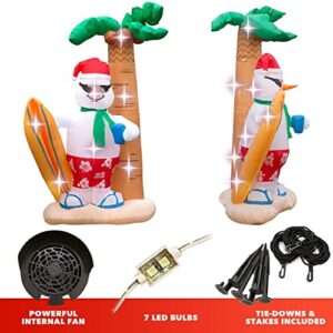 Holidayana 8 ft Christmas Inflatable Surfing Snowman Yard Decoration - 8 ft Tall Lawn Decoration, Bright Internal Lights, Built-in Fan, and Included Stakes and Ropes