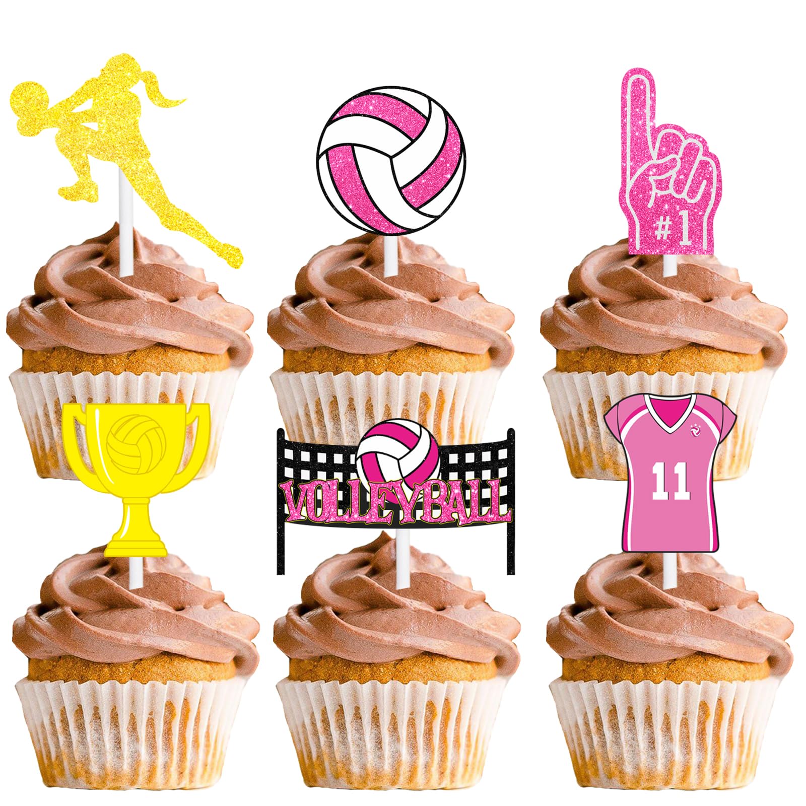 18pcs Pink Glitter Volleyball Dessert Cupcake Topper Beach Volleyball Player Sport Theme Decor Supplies Girls Happy Birthday Decorations