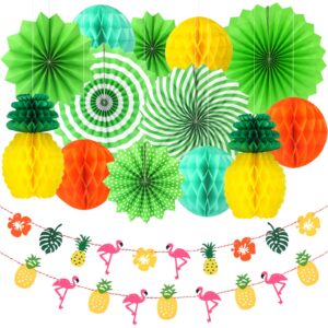 Anwyll Summer Hawaiian Party Decorations Set, Tropical Flamingo Banner Party Decorations,Hanging Paper Fans,Honeycomb Balls, Pineapple Decorations For Summer Luau Beach Party, Birthdays, Wedding