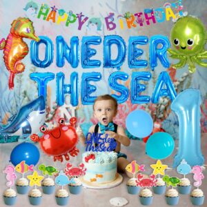 Under The Sea 1st Birthday Decorations - Ocean Ocean Theme First Birthday Party Decorations Ocean Blue Balloons, Oneder The Sea Crab Shark Octopus Seahorse Foil Balloon, Ocean Cake Cupcake Topper