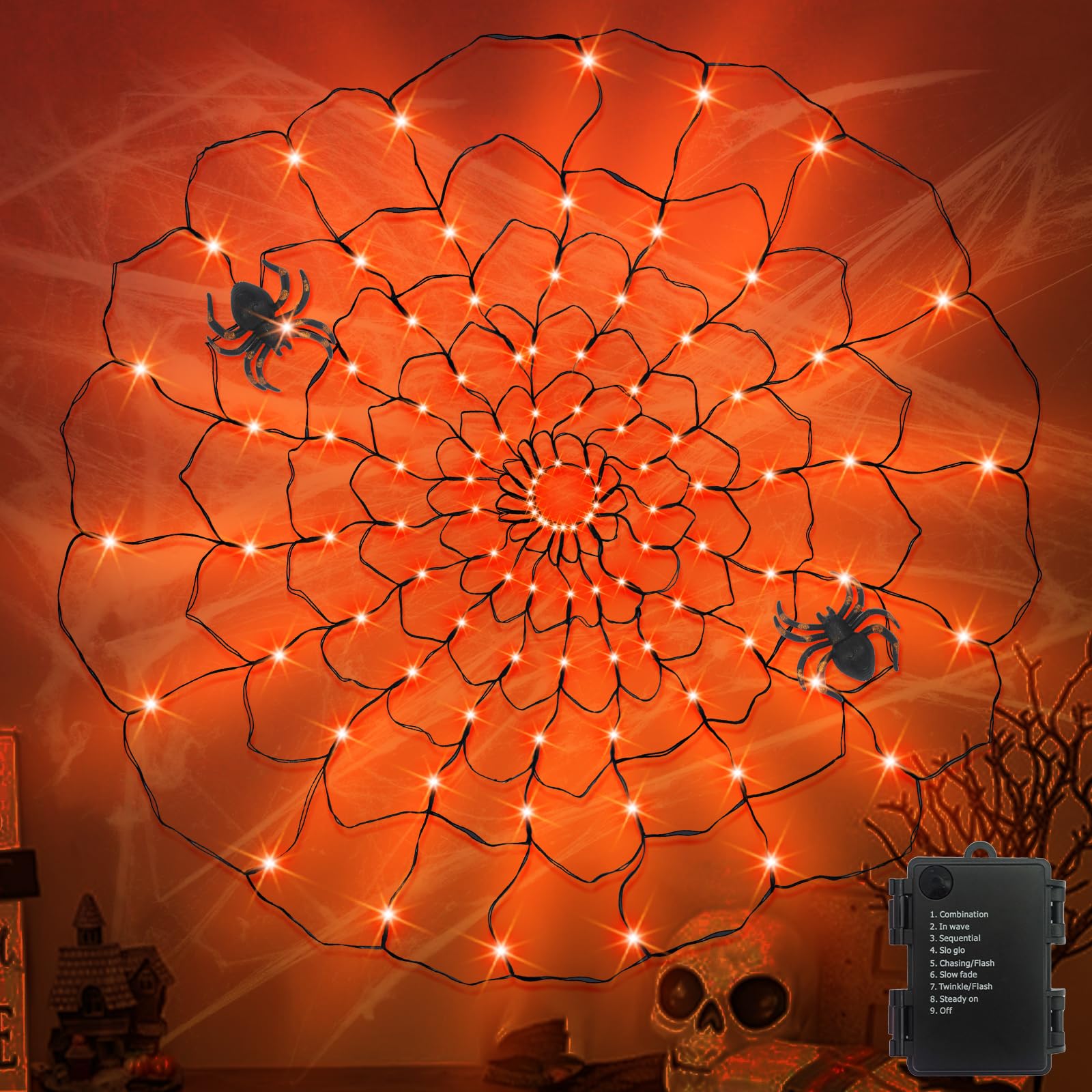 96 LED Halloween Spider Web Lights with Timer, 8 Modes Waterproof Light up Cobweb with Black Spider & DIY Cotton Net Battery Operated Halloween Decorations for Indoor Ourdoor Garden Yard Patio-Orange