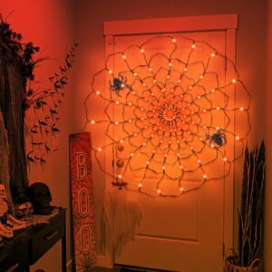 96 LED Halloween Spider Web Lights with Timer, 8 Modes Waterproof Light up Cobweb with Black Spider & DIY Cotton Net Battery Operated Halloween Decorations for Indoor Ourdoor Garden Yard Patio-Orange