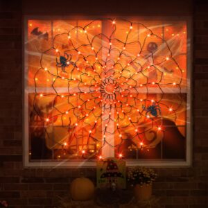 96 LED Halloween Spider Web Lights with Timer, 8 Modes Waterproof Light up Cobweb with Black Spider & DIY Cotton Net Battery Operated Halloween Decorations for Indoor Ourdoor Garden Yard Patio-Orange