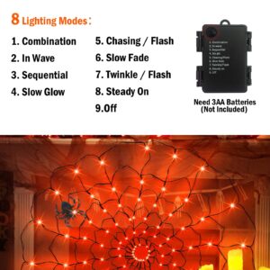 96 LED Halloween Spider Web Lights with Timer, 8 Modes Waterproof Light up Cobweb with Black Spider & DIY Cotton Net Battery Operated Halloween Decorations for Indoor Ourdoor Garden Yard Patio-Orange