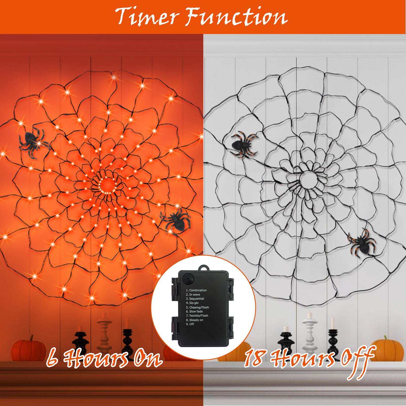 96 LED Halloween Spider Web Lights with Timer, 8 Modes Waterproof Light up Cobweb with Black Spider & DIY Cotton Net Battery Operated Halloween Decorations for Indoor Ourdoor Garden Yard Patio-Orange