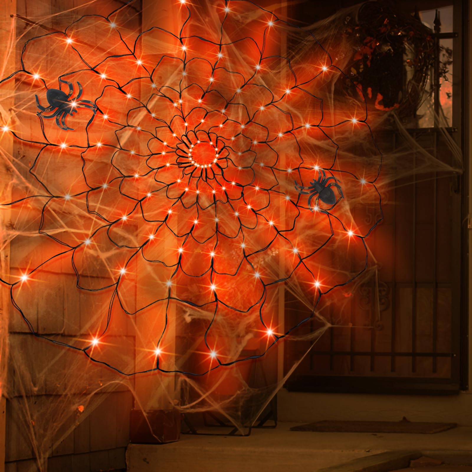 96 LED Halloween Spider Web Lights with Timer, 8 Modes Waterproof Light up Cobweb with Black Spider & DIY Cotton Net Battery Operated Halloween Decorations for Indoor Ourdoor Garden Yard Patio-Orange