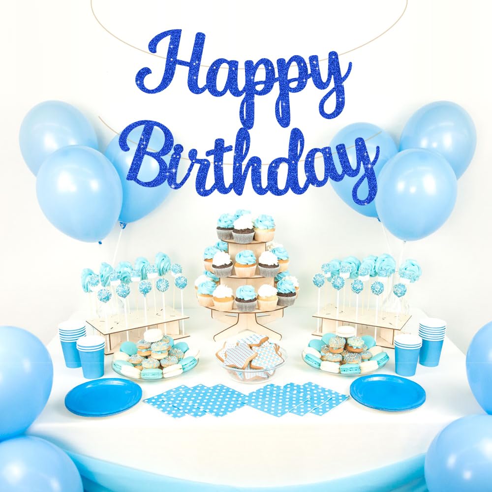 BEISHIDA Blue Happy Birthday Banner - NO DIY,10Feet,Pre-Strung-Glitter Happy Birthday Sign, Happy Birthday Garland,Happy Birthday Backdrop,Happy Birthday Decorations for Women