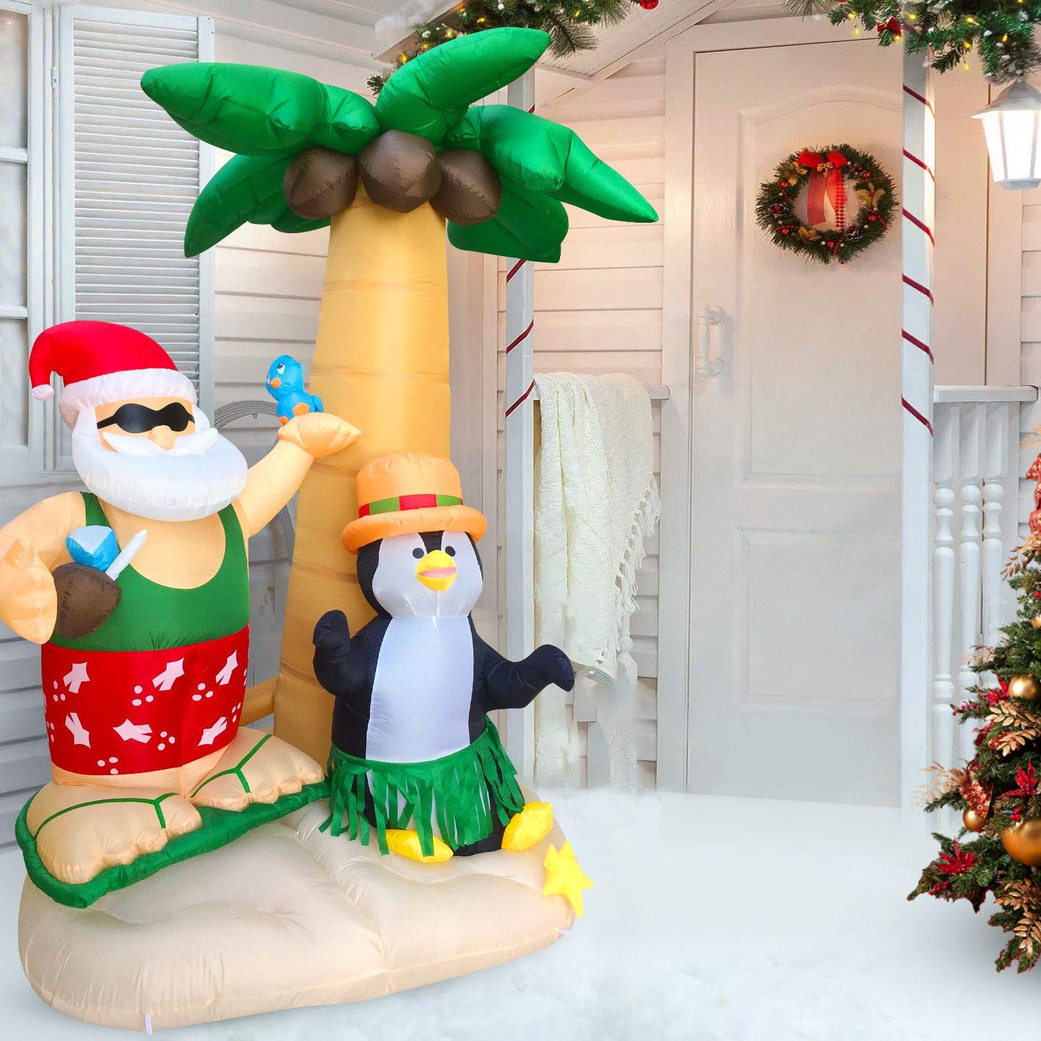 HappyThings! Christmas in July Inflatables Outdoor Decorations for The Yard Blow Up Santa on Vacation w/LED Lights and Blower for Christmas 7x7x4 ft