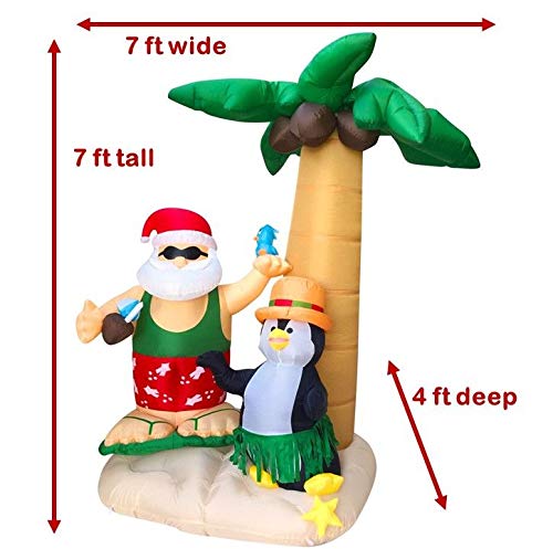 HappyThings! Christmas in July Inflatables Outdoor Decorations for The Yard Blow Up Santa on Vacation w/LED Lights and Blower for Christmas 7x7x4 ft