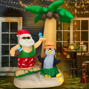 HappyThings! Christmas in July Inflatables Outdoor Decorations for The Yard Blow Up Santa on Vacation w/LED Lights and Blower for Christmas 7x7x4 ft