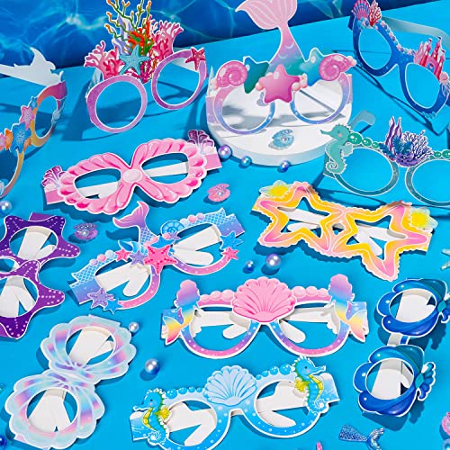 Ospvcwk Mermaid Birthday Party Decorations - 34Pcs Mermaid Paper Glasses, 14 Cute Styles, Summer Beach Under the Sea Photo Booth Props for Kids Adults Party Supplies