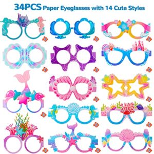 Ospvcwk Mermaid Birthday Party Decorations - 34Pcs Mermaid Paper Glasses, 14 Cute Styles, Summer Beach Under the Sea Photo Booth Props for Kids Adults Party Supplies