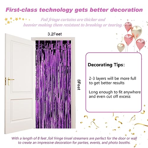 Mtkocpk Purple Party Decorations - 3-Pack of 8x3.2 Feet Purple Foil Fringe Streamers Curtains Perfect for Gender Reveals, Bachelor Parties, Mermaid, and Butterfly Themed Birthday Party Decor