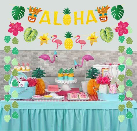 Hawaiian Aloha Party Decorations - Gold Glittery Aloha Banner for Hawaii Tropical Luau Themed Party Supplies