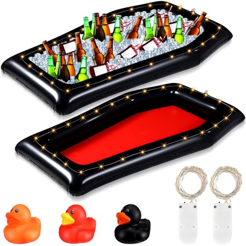 Leyndo 28 Pcs Halloween Inflatable Cooler Set, 52 Inch Coffin Buffet Coolers, Ice Serving Bar Halloween Rubber Ducks with LED Light Strings for Beach Pool Party Barbecue Picnic Halloween Decor Favors