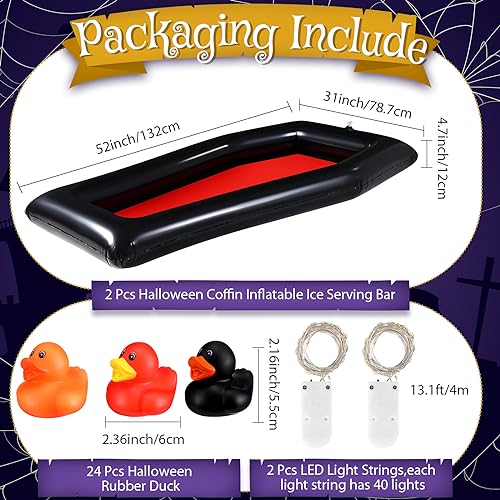 Leyndo 28 Pcs Halloween Inflatable Cooler Set, 52 Inch Coffin Buffet Coolers, Ice Serving Bar Halloween Rubber Ducks with LED Light Strings for Beach Pool Party Barbecue Picnic Halloween Decor Favors