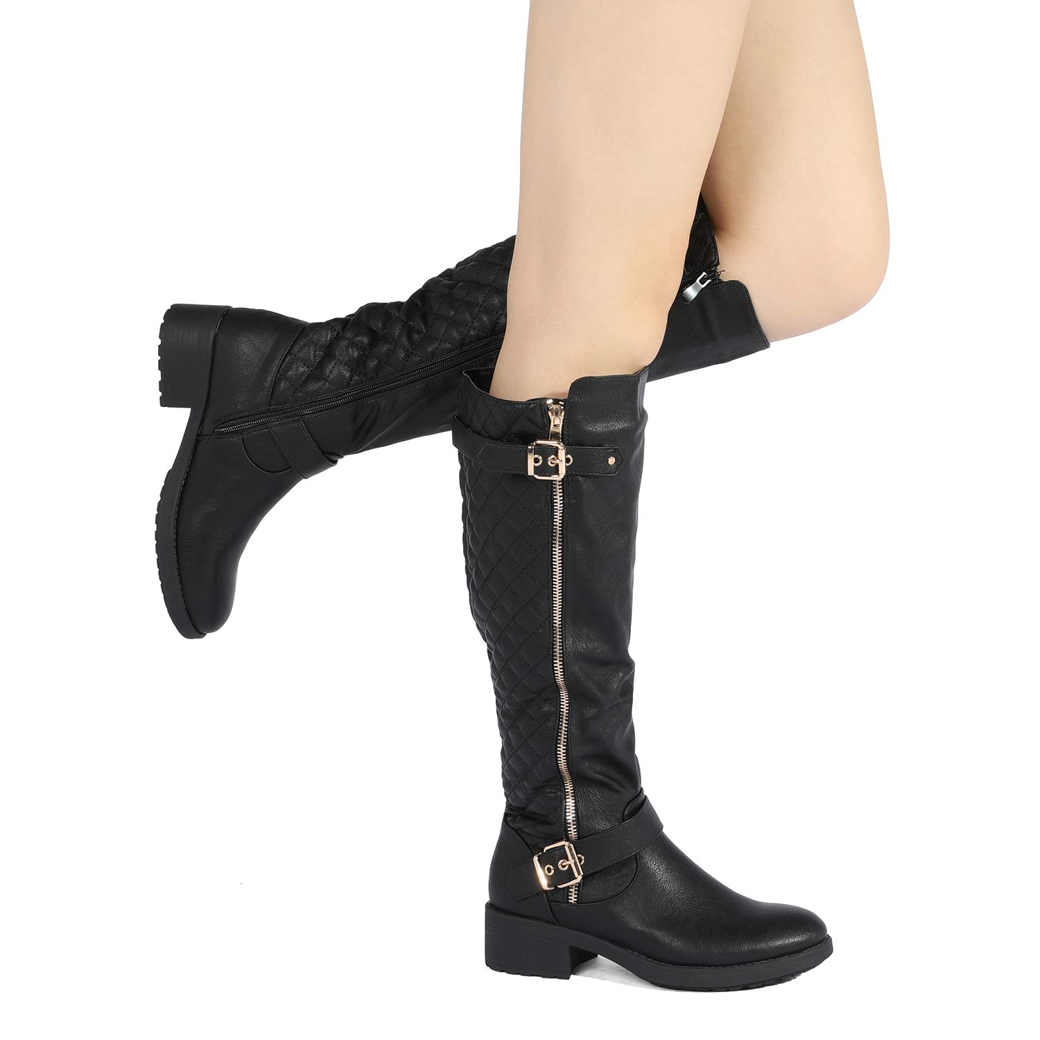 DREAM PAIRS Women's Wide Calf Knee High Boots, Low Stacked Heel Riding Boots, Black-wide-u, Size 9.5 Utah-w