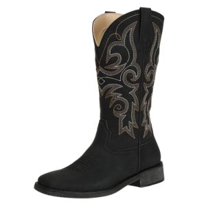 SheSole Women's Fashion Western Cowgirl Cowboy Boots Wide Square Toe Mid Calf Black US Size 8