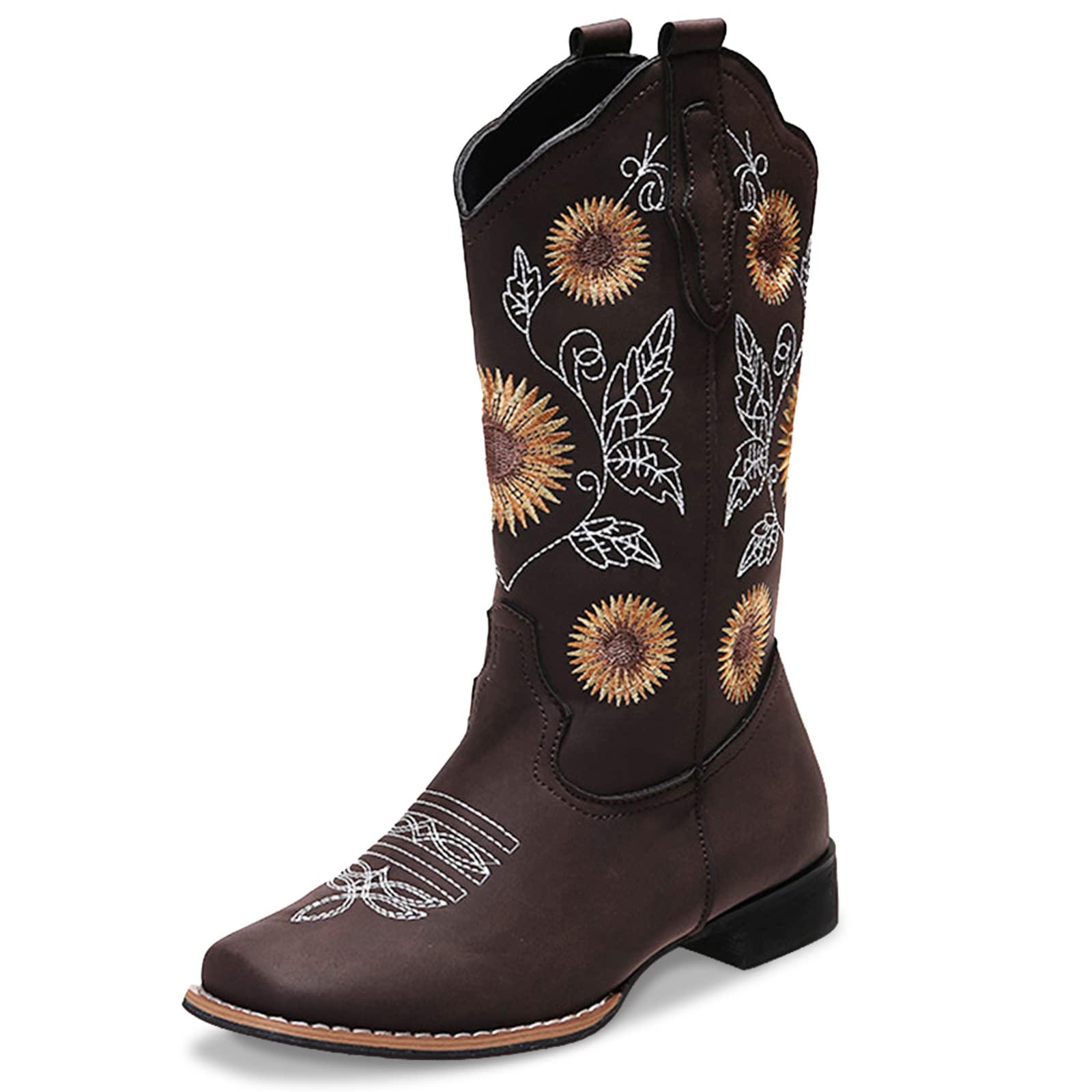 Jiemifu Cowboy Boots Women Sunflower Embroidered Western Boots Cowgirl Boots Square Toe Tall Cowgirl Boots for All Season/Everyday Occasions, Brown