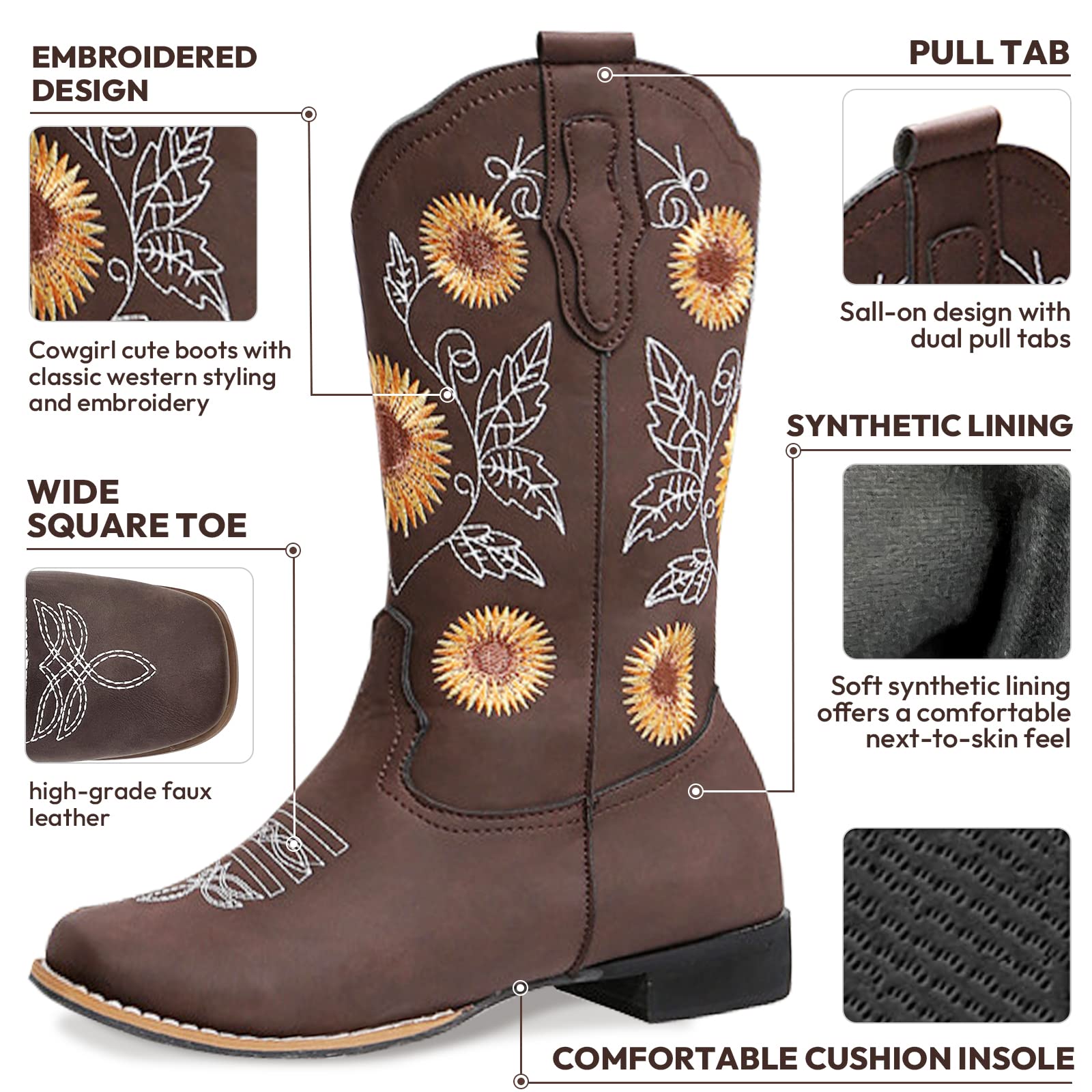 Jiemifu Cowboy Boots Women Sunflower Embroidered Western Boots Cowgirl Boots Square Toe Tall Cowgirl Boots for All Season/Everyday Occasions, Brown