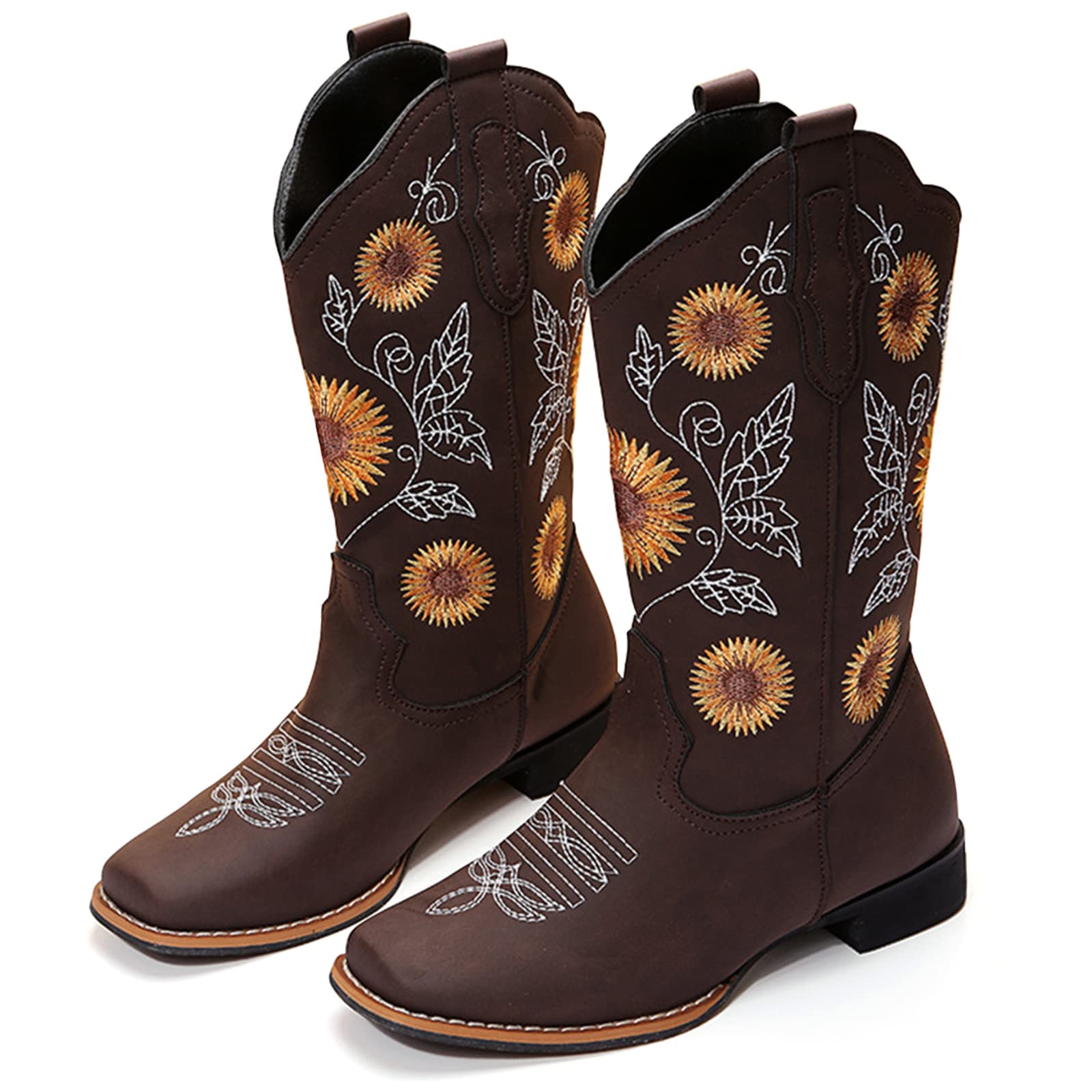 Jiemifu Cowboy Boots Women Sunflower Embroidered Western Boots Cowgirl Boots Square Toe Tall Cowgirl Boots for All Season/Everyday Occasions, Brown