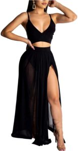 rela bota women's sexy summer 2 piece maxi chiffon dress crop top skirt set beachwear black l