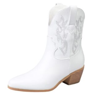 stalov short cowgirl boots for women embroidered white cowboy ankle boots,pointed toe low chunky heel pull on western stitched boots