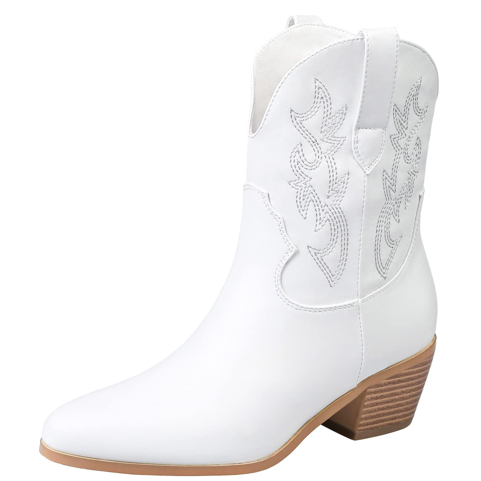 STALOV Short Cowgirl Boots for Women Embroidered White Cowboy Ankle Boots,Pointed Toe Low Chunky Heel Pull On Western Stitched Boots