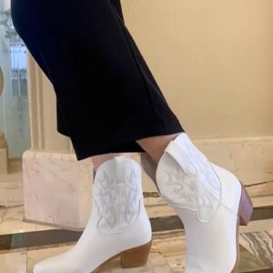 STALOV Short Cowgirl Boots for Women Embroidered White Cowboy Ankle Boots,Pointed Toe Low Chunky Heel Pull On Western Stitched Boots