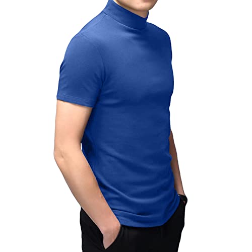 Men's T Shirt Short Sleeve Basic Mock Turtleneck Slim Fit Undershirt Pullover Thermal Solid Tops Bright Blue