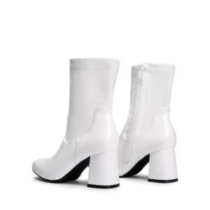 DREAM PAIRS Women's Go Go Boots Mid Calf Low Block Heel Boots Zipper Square Toe Ankle Boots For Party Cosplay Dance,Size 8.5,WHITE-PAT,SDMB2301W