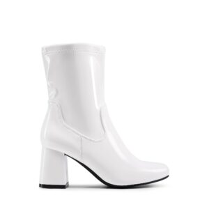 DREAM PAIRS Women's Go Go Boots Mid Calf Low Block Heel Boots Zipper Square Toe Ankle Boots For Party Cosplay Dance,Size 8.5,WHITE-PAT,SDMB2301W