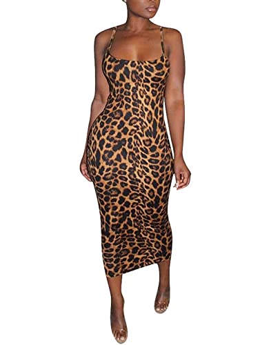 Rela Bota Women's Sexy Spaghetti Strap Sleevless Bodycon Midi Club Cocktail Dress Leopard Print XXL