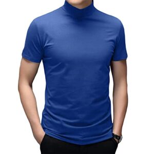 Men's T Shirt Short Sleeve Basic Mock Turtleneck Slim Fit Undershirt Pullover Thermal Solid Tops Bright Blue