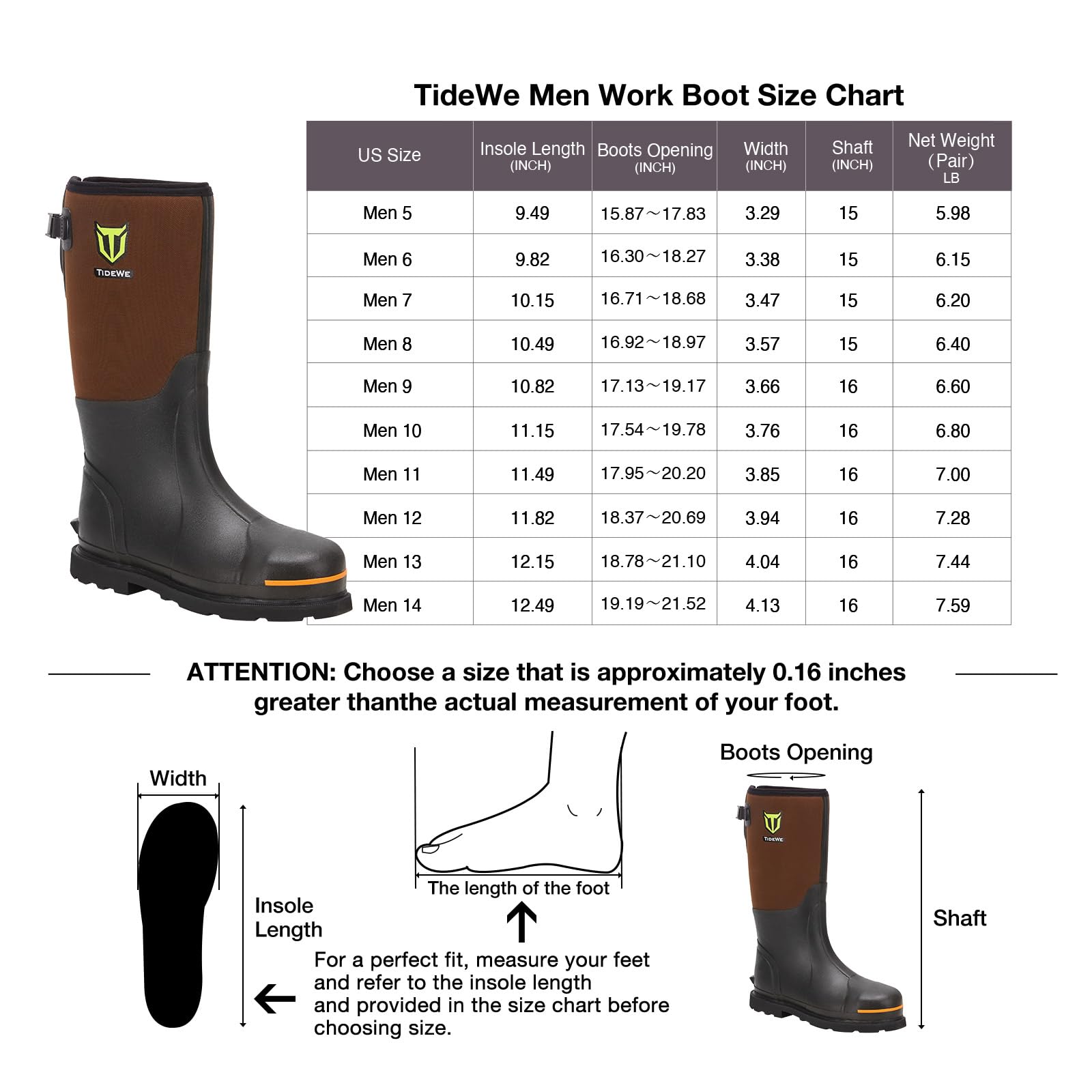 TIDEWE Rubber Work Boot for Men with Steel Toe & Shank, Waterproof Anti Slip Hunting Boot, 6mm Neoprene Hunting Boot, Sturdy Brown Rubber Boot for Manufacturing, Construction, Farming, Size 11