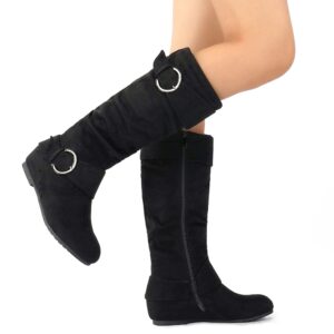 DREAM PAIRS Women's Wide Calf Knee High Boots, Fur-lined Low Hidden Wedge Boots, URA-W, BLACK/SUEDE, Size 10