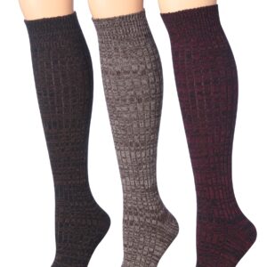 Tipi Toe Women's 3 Pairs Ragg Marled Ribbed Tonal Harmony Maroon Grey Interplay Mid-Calf High Wool-Blend Boot Socks 3-pairs, WK02-F-T1