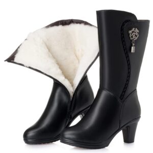 duberess women's wool lined warm winter anti slip zip chunky heel fashion classic mid-calf boots (black2, 9)