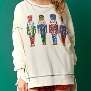 Glkaend Women's Cute Santa Christmas Sweatshirts Funny Graphic Lightweight Nutcracker Sequins Long Sleeve Pullover Hoodies,White,M