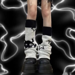 heyheyshine Y2k Star Skull Print Two Side Wear Knitted Leg Warmers Socks Punk Girls Japanese Kawaii Streetwear Leg Cover