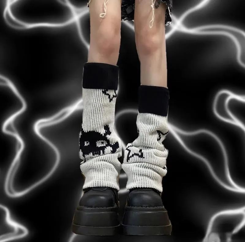 heyheyshine Y2k Star Skull Print Two Side Wear Knitted Leg Warmers Socks Punk Girls Japanese Kawaii Streetwear Leg Cover