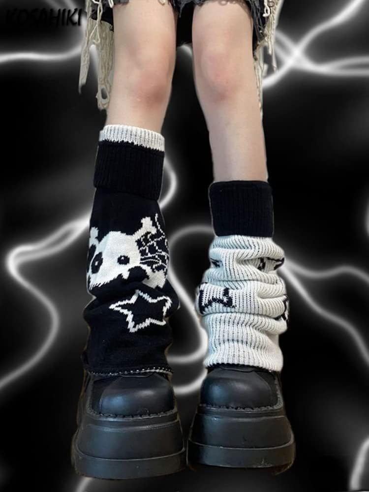 heyheyshine Y2k Star Skull Print Two Side Wear Knitted Leg Warmers Socks Punk Girls Japanese Kawaii Streetwear Leg Cover