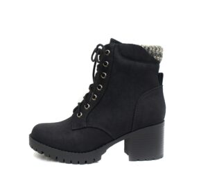 soda single lug sole chunky heel combat ankle boot lace up w/side zipper (7.5, black (nubuck))